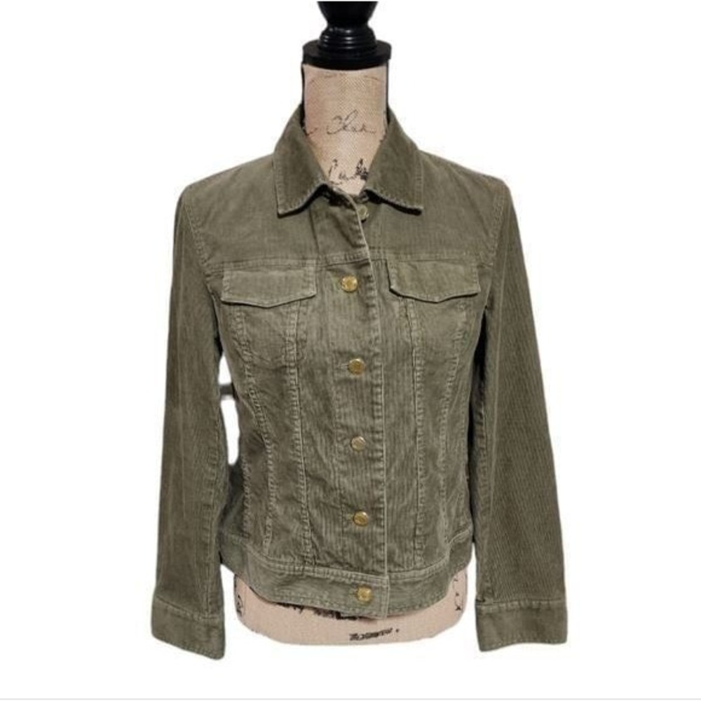 Talbots Olive Green Corduroy Jacket Collared Button Down Casual Comfort Utility‎